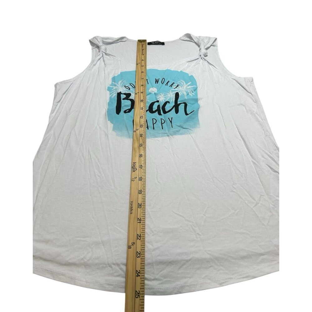 Ava James Large White “Don’t Worry Beach Happy” Graphic Knot Shoulder Tank Top - Picture 5 of 6